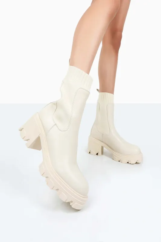Everdeen Ecru PU And Knit Chunky Heeled Platform Sock Ankle Boots - Public Desire
