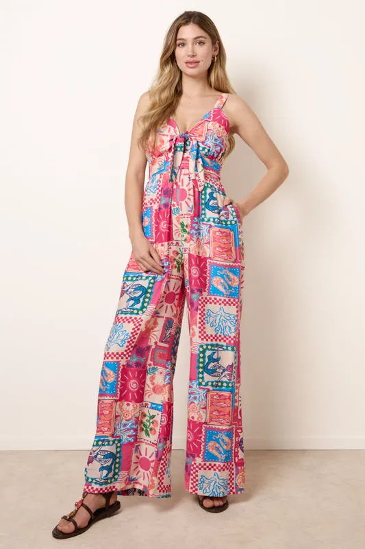Pink Tie Front Jumpsuit In Postcard Print - Blue Vanilla