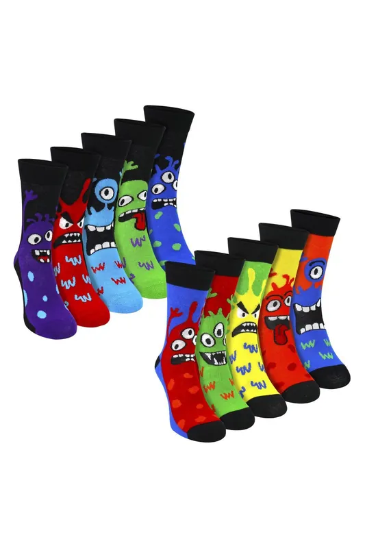 10 Pack Cotton Monster Socks Fun Patterned Everyday Casual Socks - Sock Snob