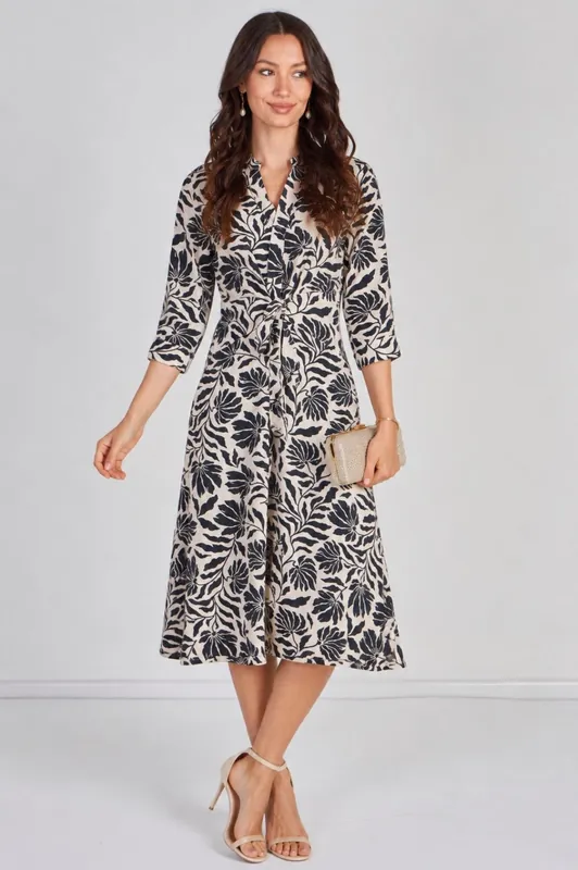 Black Tropical Print Quarter Sleeve Tie Waist Midi Dress - Love Sunshine