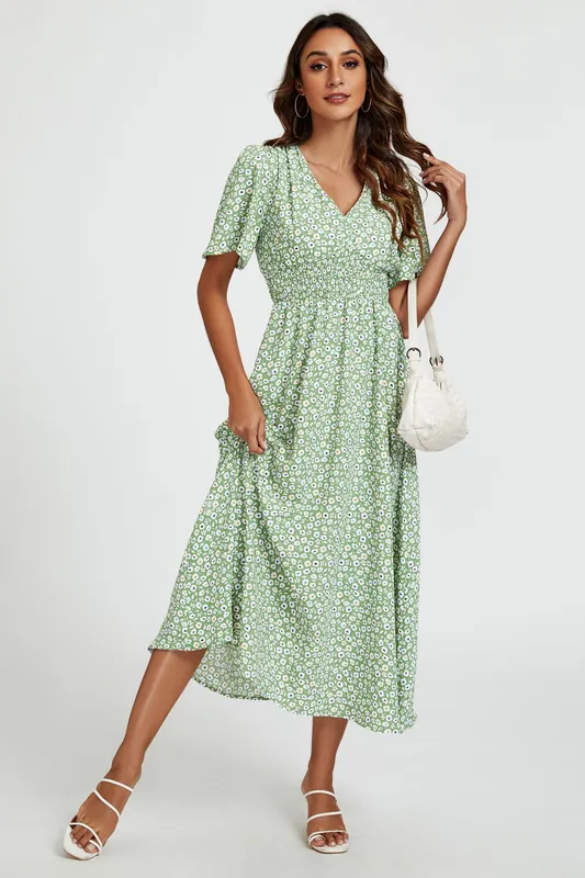 Multi Floral Print V Neck Midi Dress In Green - FS Collection