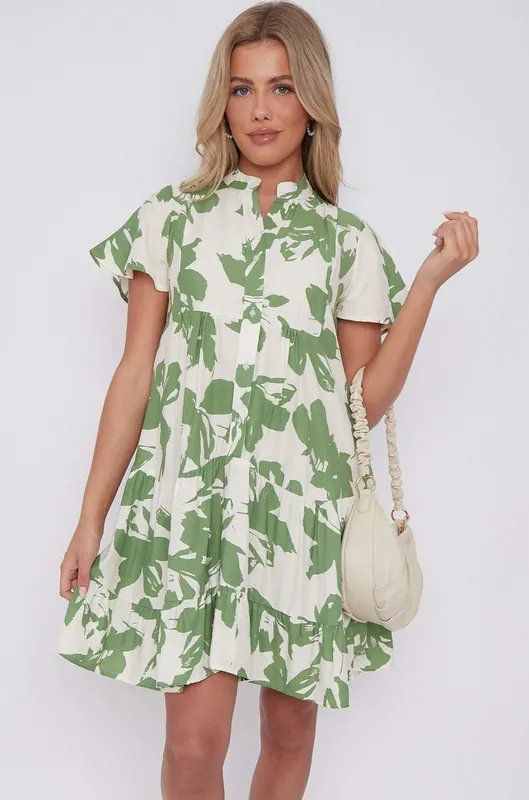 Green Floral Print Short Sleeve Flared Mini Dress - Love Sunshine