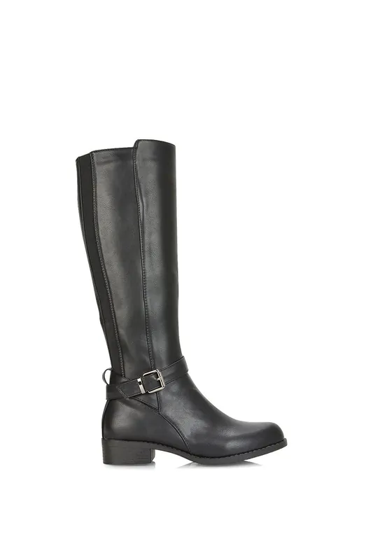 Cameron' Knee High Boots Flat Low Heel Stretch Calf Buckle Detail - XY London