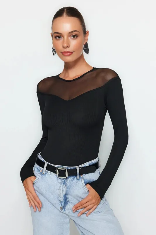 Mesh Panel Heart Neck Ribbed Knit Bodysuit - WOVCOR