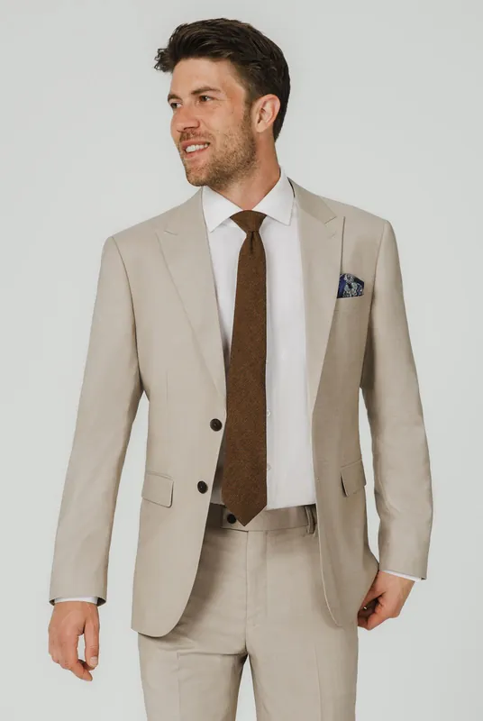 Stone Sharkskin Suit Jacket with Peak Lapel - Dobell