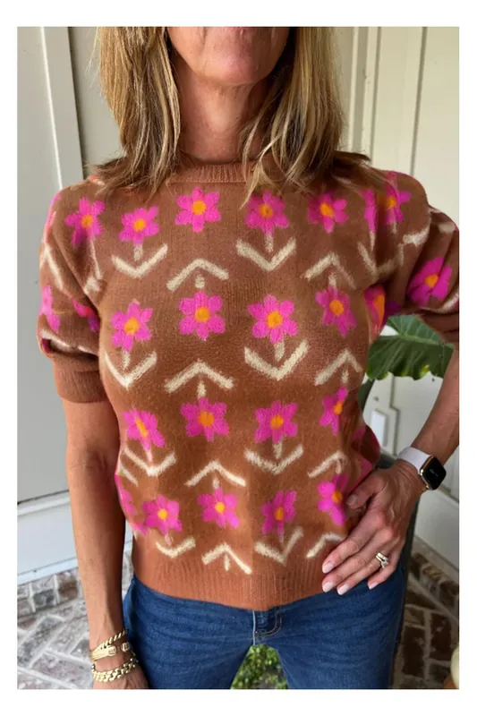 Brown Floral Short Puff Sleeve Sweater - Everyday The Label