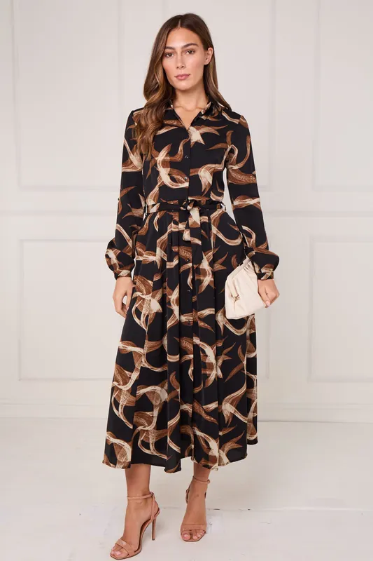 Black and Caramel Swirl Print Maxi Shirt Dress - Love Sunshine
