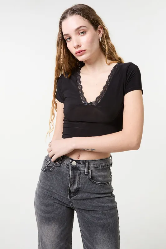Black Slinky V Neck Top With Lace Trim - Pink Vanilla