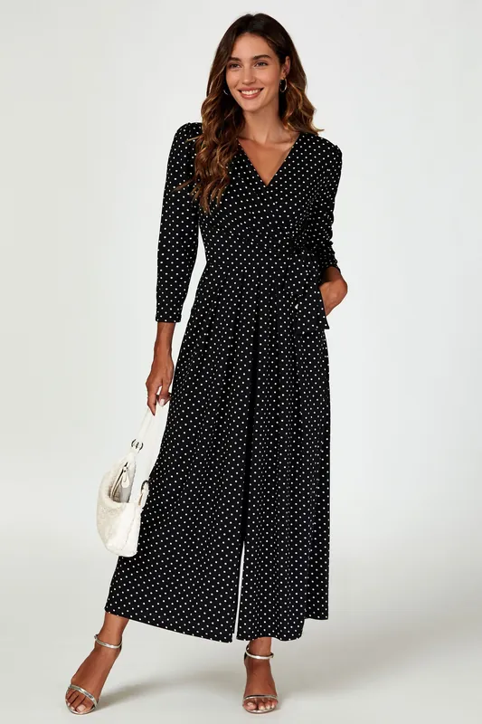 Dot Print Wrap Top Jumpsuit Dress In Black - FS Collection