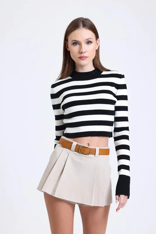 Striped Crew Neck Cropped Sweater with a Back Cut out - Hiccup