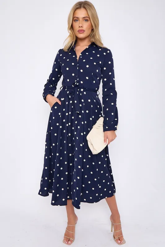 Navy Polka Dot Print Midaxi Shirt Dress - Love Sunshine