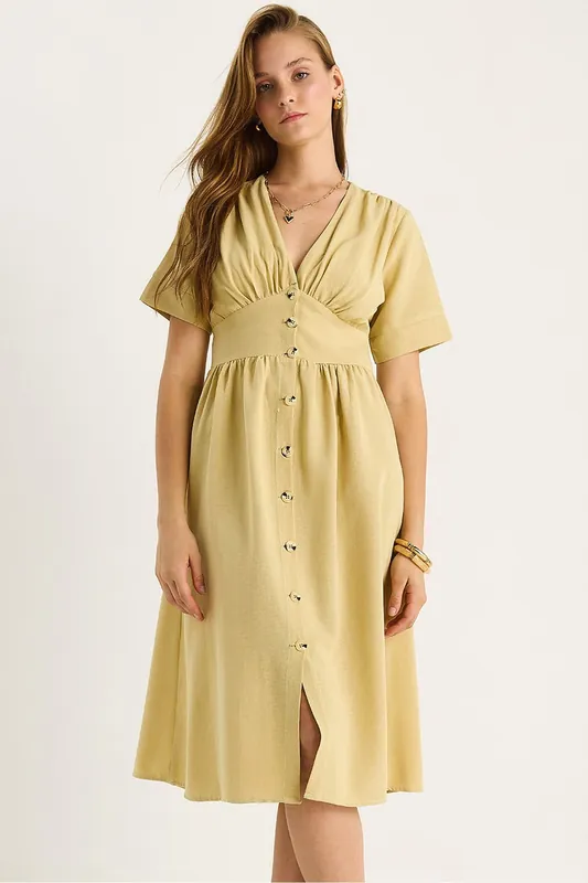 V-neck Buttoned Midi Shirt Dress