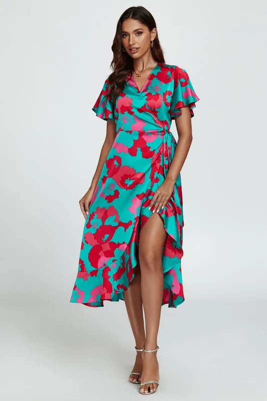Leopard Print Angel Sleeve Wrap Midi Blue Pink - FS Collection