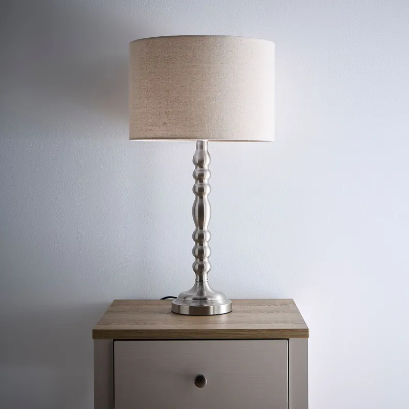 Rosa Satin Nickel Table Lamp with Linen Shade - K LIVING