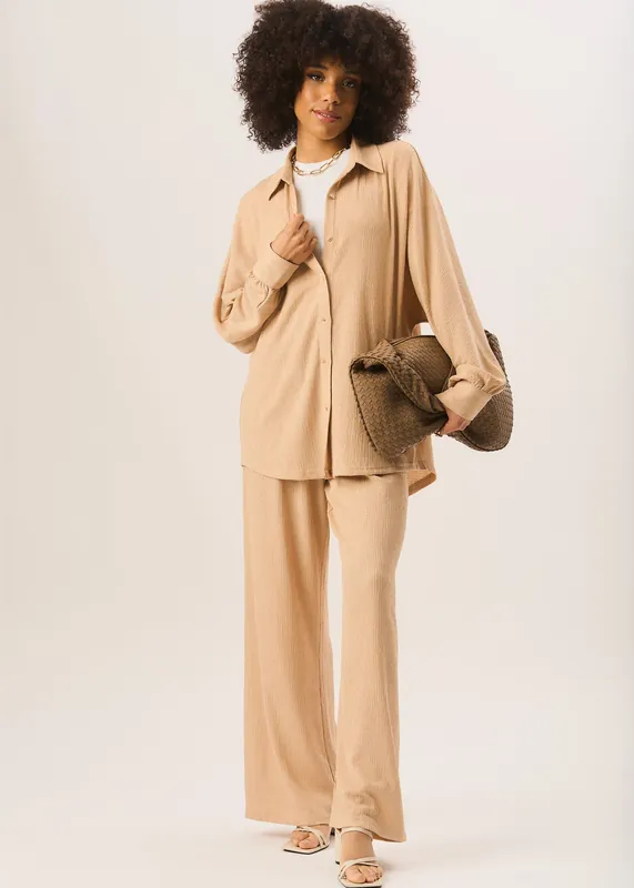 Camel Textured Oversize Fit Long Sleeves Shirt - Gini London