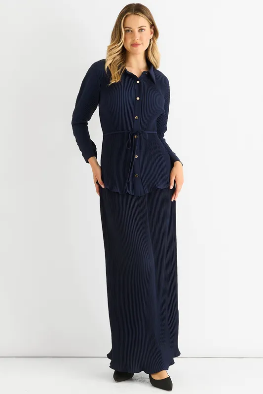 Navy Plisse Elasticated Waist Maxi Skirt - Gini London