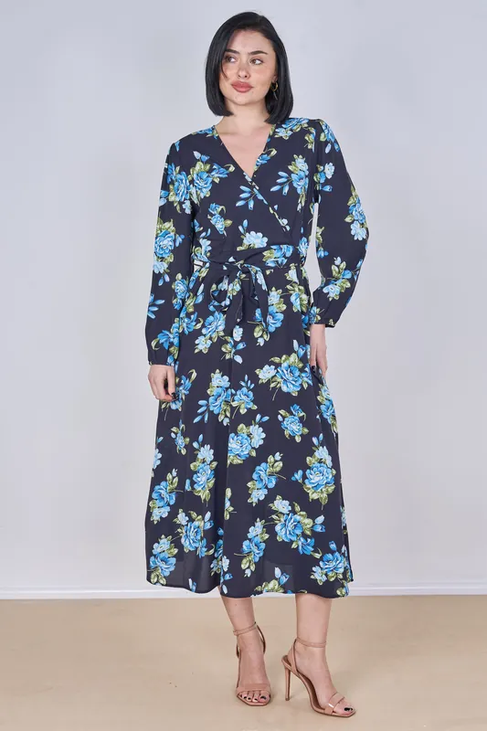Blue Rose Floral Print Belted Crossover Midi Dress - Love Sunshine