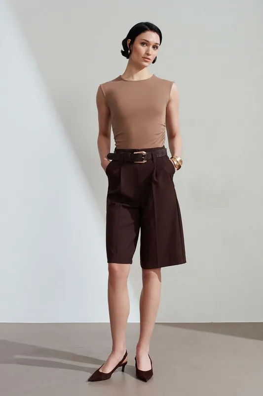 High-Waist Belted Wide-Leg Tailored Shorts