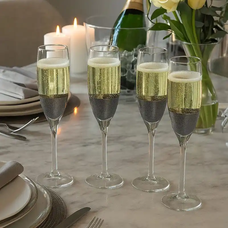 Contemporary Set of 4 Champagne Glasses, Textured Flutes With Silver Rim, Geometric Champagne Glasses - Orsina
