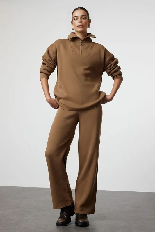 2-Piece Loose Fit Zip-Up Knit Top & Pants Set