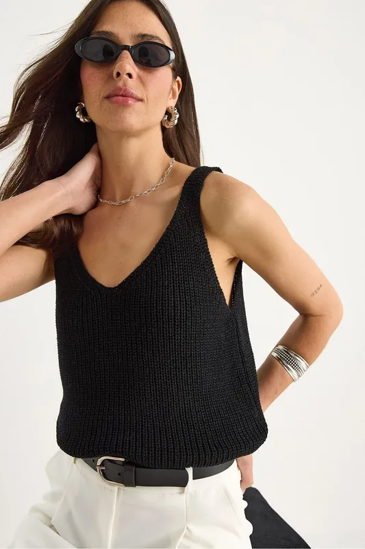 V-Neck Ribbed Knitwear Blouse