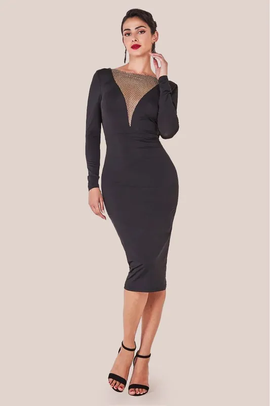 Diamante Fishnet Cowl Back Midi - Goddiva