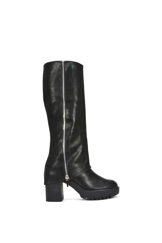 Juliana' Fold Over Block Chunky Platform Black Knee High Boots - XY London