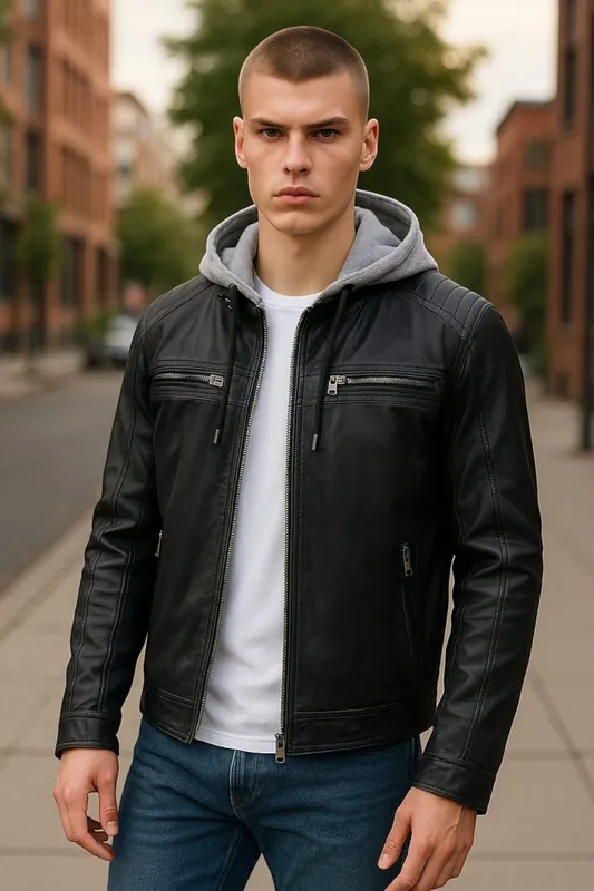 Hooded Biker Lamb Leather Jacket - Kingston