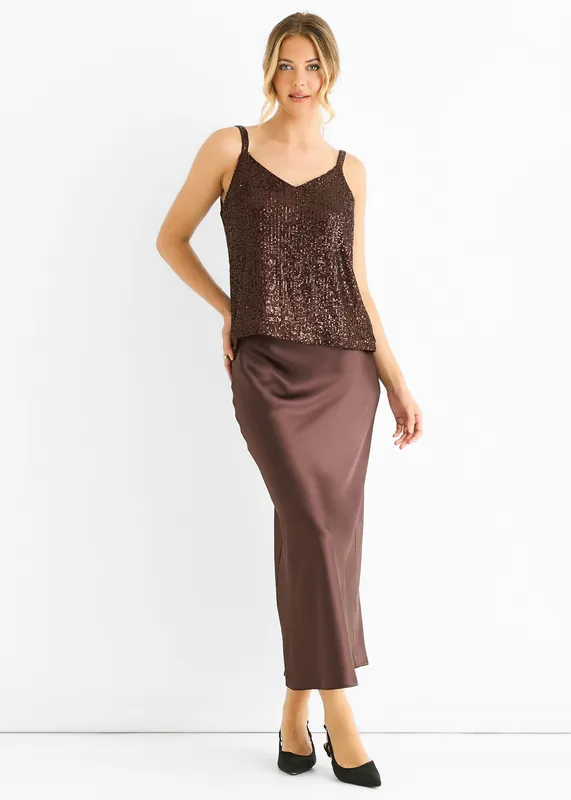 Chocolate Sequin V Neck Cami Top - Gini London