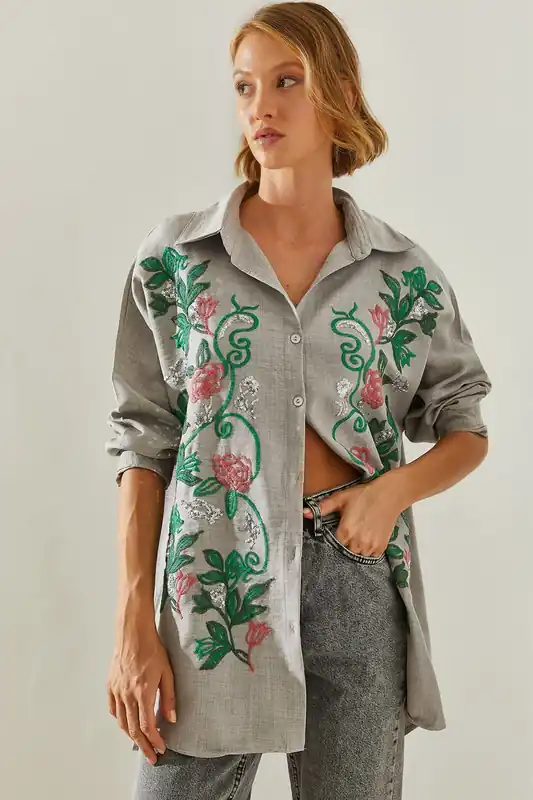 Oversized Button-Up Shirt with Embroidery