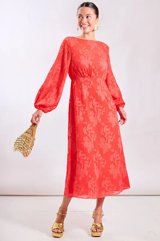 Coral Long Sleeve Jacquard Midi Dress - Needs No Label
