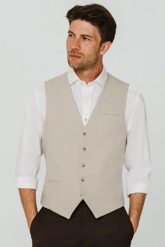Beige Prince of Wales Check Waistcoat - Dobell