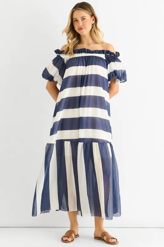 Blue Cotton Voil Bardot Stripe Midaxi Dress - Gini London