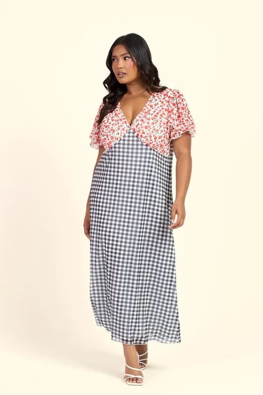 Curve Gingham And Floral Mixed Print Flutter Sleeve Midi Dress - FASHION-SZN