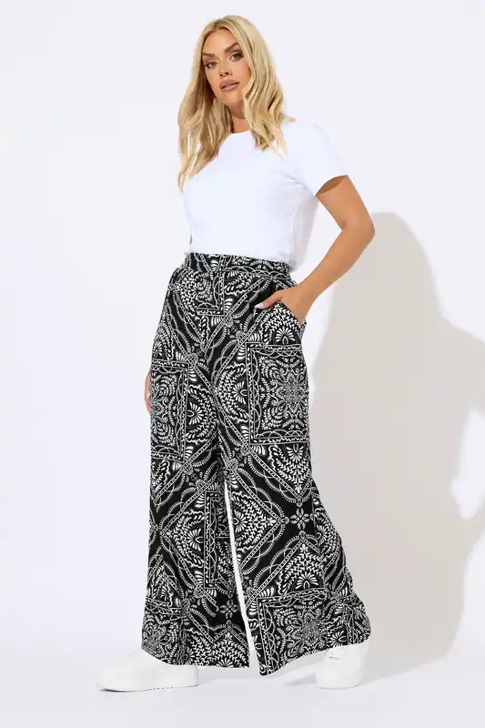 Bandana Print Textured Wide Leg Trousers - Yours