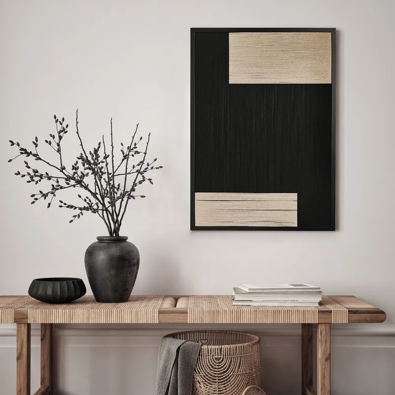 Woven Thread Wall Art Picture - Cream & Black 50cm x 70cm