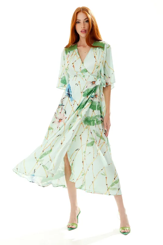 Bird Print Maxi Wrap Dress in Mint Green with Green Lace Details - Liquorish