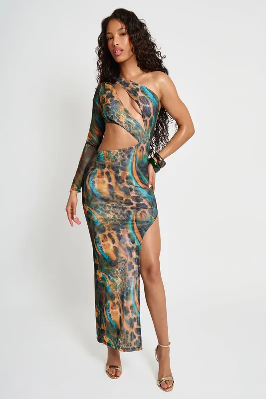 Aysemetric Cut Out One Sleeve Maxi Dress Leopard Multi - Public Desire