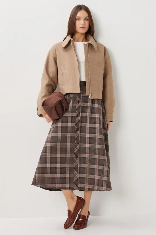 High Waist Midi Skirt with Button Closure - Happiness Istanbul