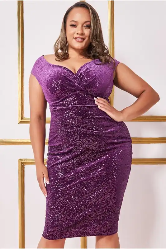 Plus Sequin & Velvet Bardot Midi - Goddiva