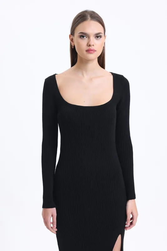Square Neck Slit Long Sleeve Maxi Dress - Hiccup
