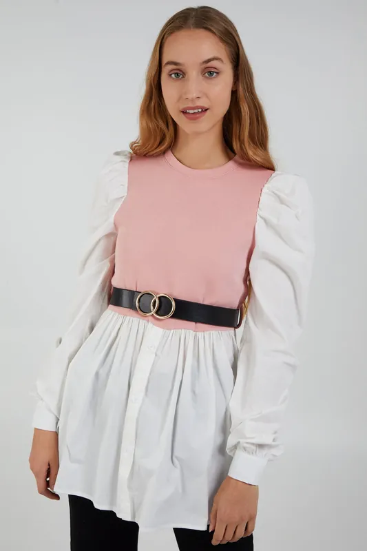 Pink 2-1 Puff Sleeve Shirt & Jumper Belted Top