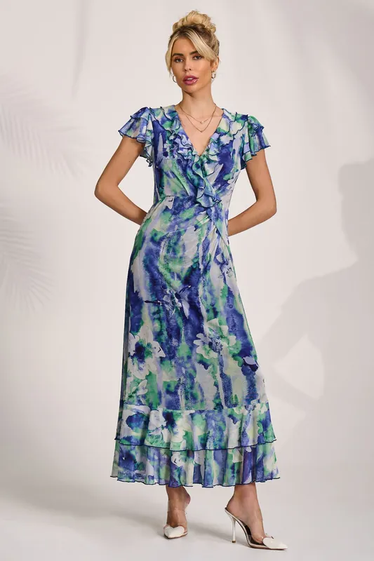 Ruffle V-Neck Mesh Maxi Dress