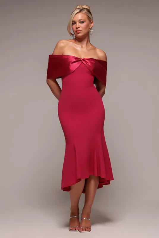 Twist Knot Satin & Scuba Bardot High Low Midi Dress - Goddiva