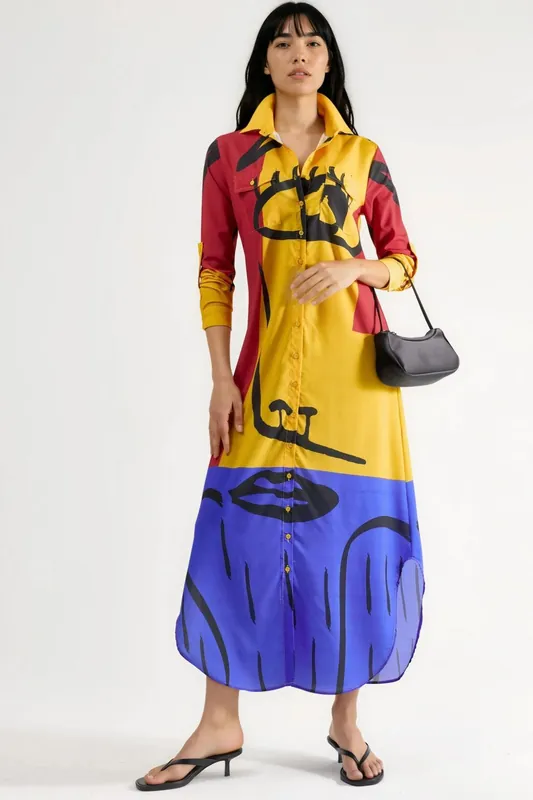 Abstract Print Maxi Dress with Button Closure - MSN Collection