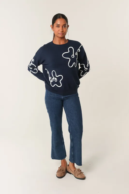 Navy Floral Pattern Sweater - Blue Vanilla