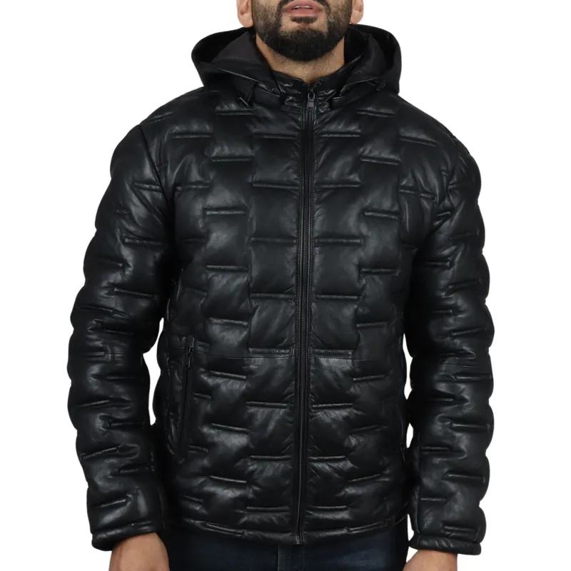Puffer Quilted Real Leather Hooded Jacket - TruClothing