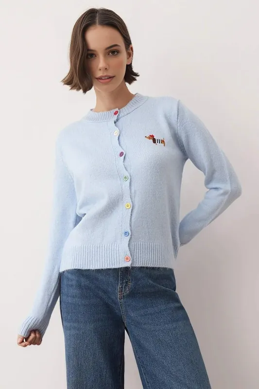 Crew Neck Embroidered Knit Cardigan with Button Detail - WOVCOR