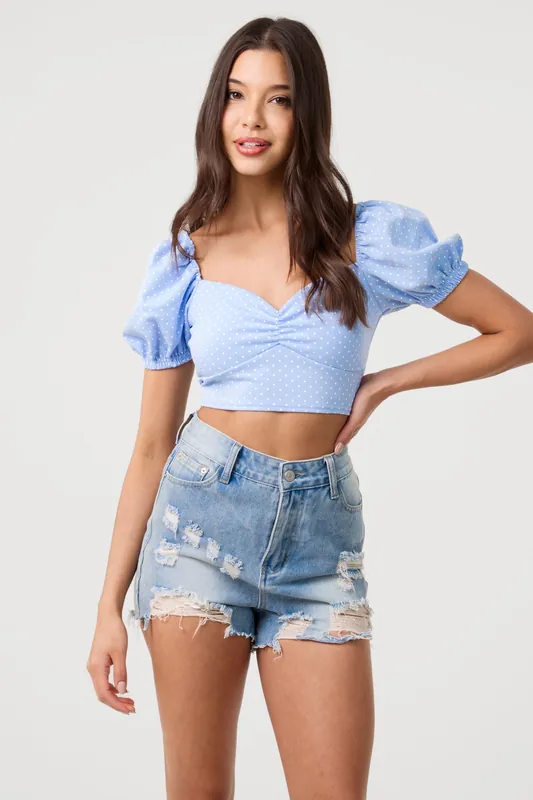 Blue Polka Dot Puff Sleeve Top - Pink Vanilla