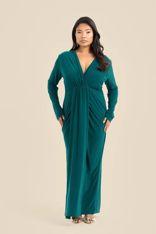 Curve Noelle Draped Front Emerald Double Layer Maxi Dress - FASHION-SZN